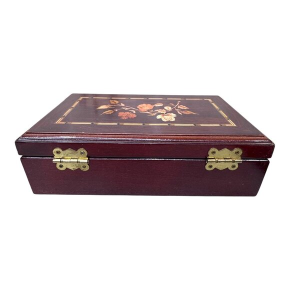 Exquisite Mahogany Wooden Jewelry Box Floral Marquetry Inlay & Mirror Interior - Picture 5 of 11